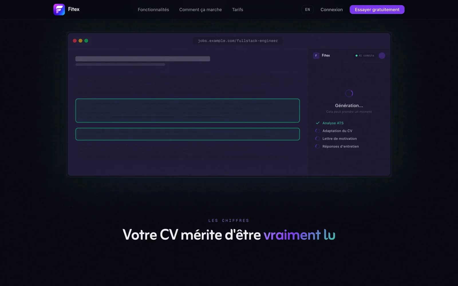 Demo of the Fitex extension: two blocks of the offer selected on the page, and the extension panel showing the generation in progress, step by step.