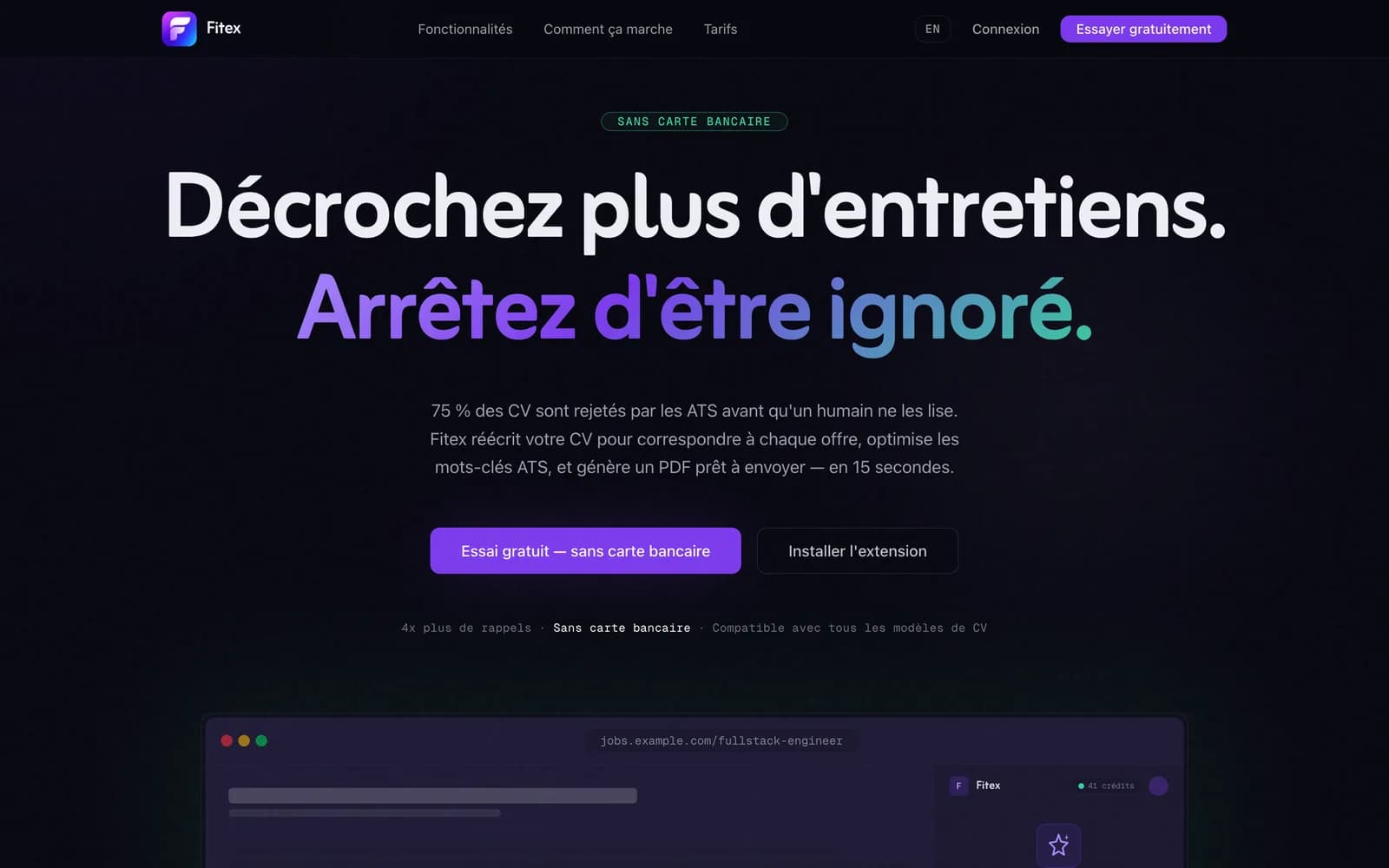 Fitex home page, in French: “Get more interviews. Stop being ignored.”