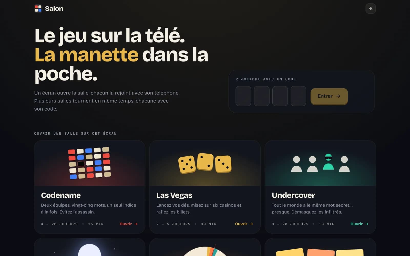 Salon home screen: join a room with a code, or open Codename, Las Vegas or Undercover on the screen.